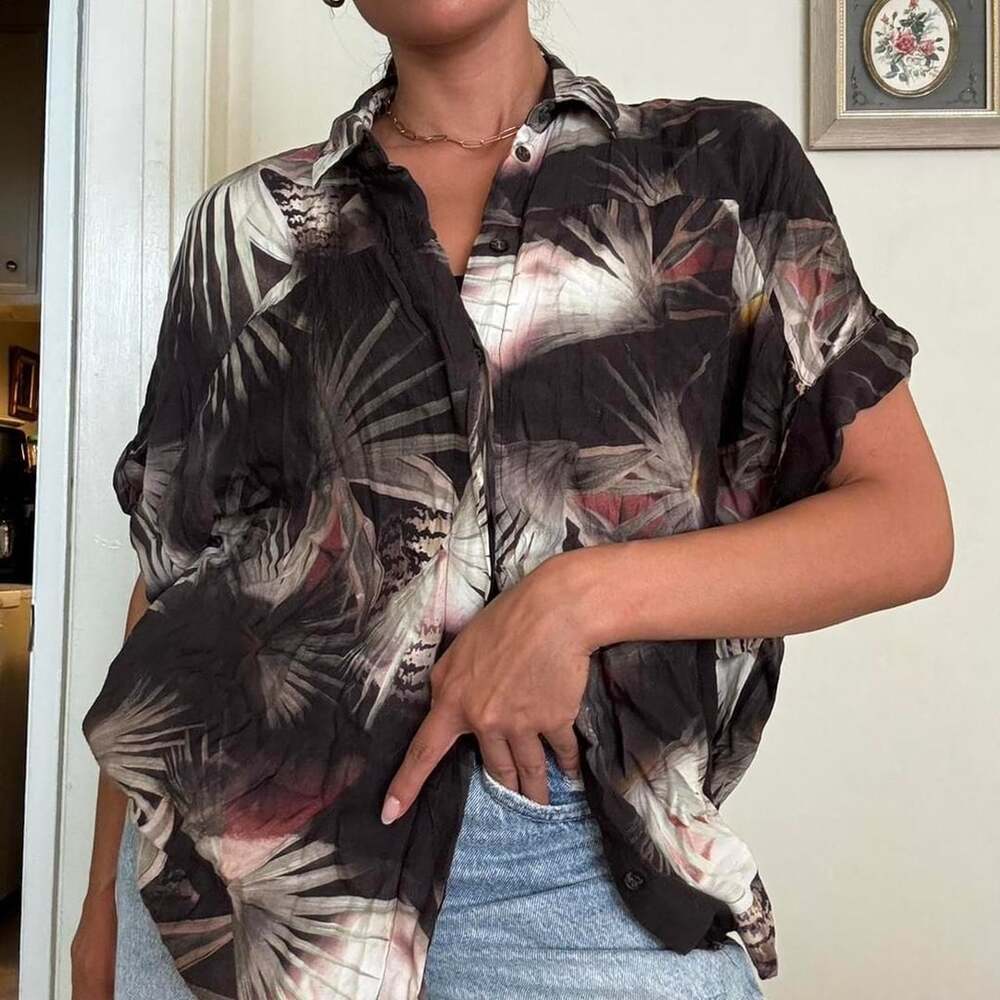 AllSaints Tropical Print Button-Up Shirt UK 8 US 4 Black Palm
